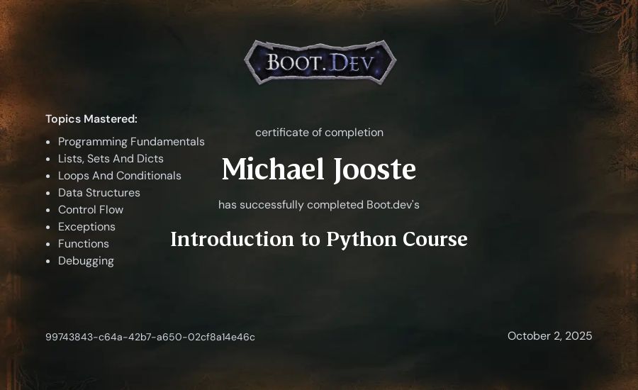 Michael Jooste's Boot.dev Introduction to Python Course certificate
