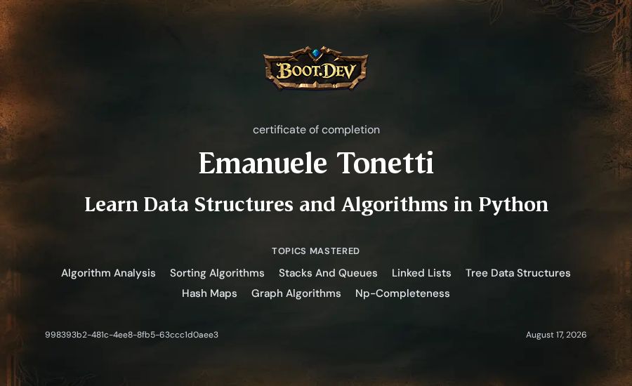 Emanuele Tonetti's Boot.dev Learn Data Structures and Algorithms in Python certificate