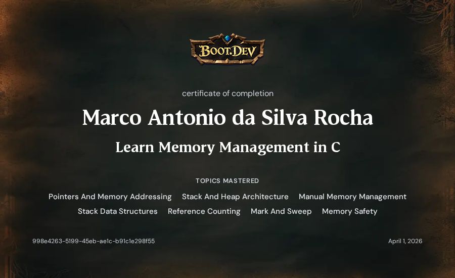 Marco Antonio da Silva Rocha's Boot.dev Learn Memory Management in C certificate