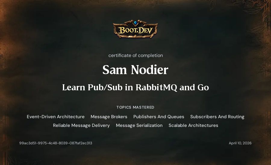 Sam Nodier's Boot.dev Learn Pub/Sub in RabbitMQ and Go certificate