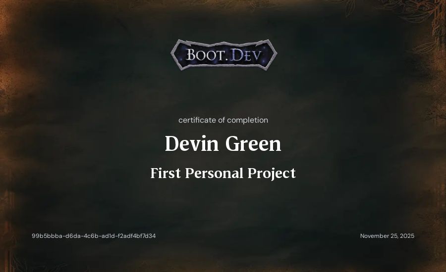 Devin Green's Boot.dev First Personal Project certificate