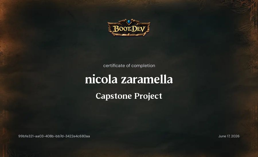 nicola zaramella's Boot.dev Capstone Project certificate