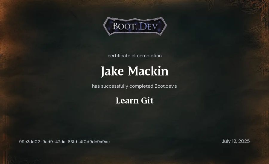 Jake Mackin's Boot.dev Learn Git certificate