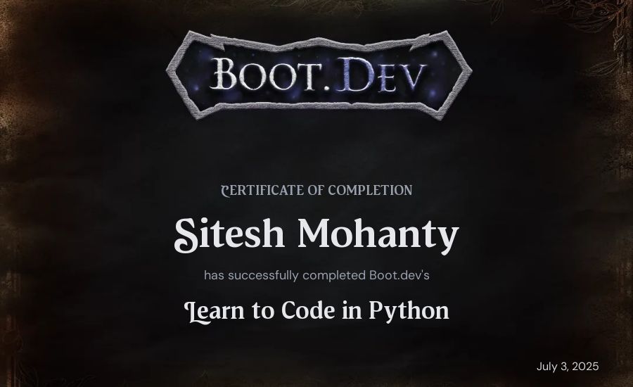 Sitesh Mohanty's Boot.dev Introduction to Python Course certificate