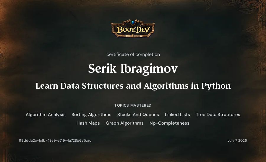 Serik Ibragimov's Boot.dev Learn Data Structures and Algorithms in Python certificate