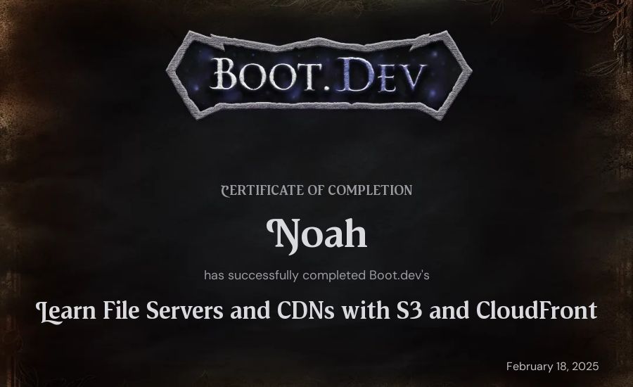 Noah's Boot.dev Learn File Servers and CDNs with S3 and CloudFront certificate