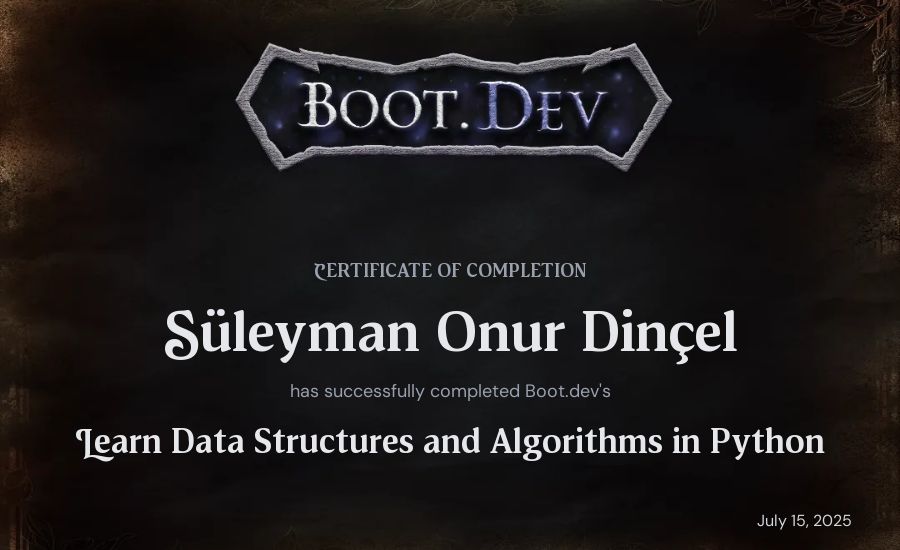 Süleyman Onur Dinçel's Boot.dev Learn Data Structures and Algorithms in Python certificate