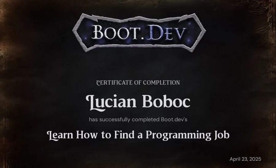 Lucian Boboc's Boot.dev Learn How to Find a Programming Job certificate
