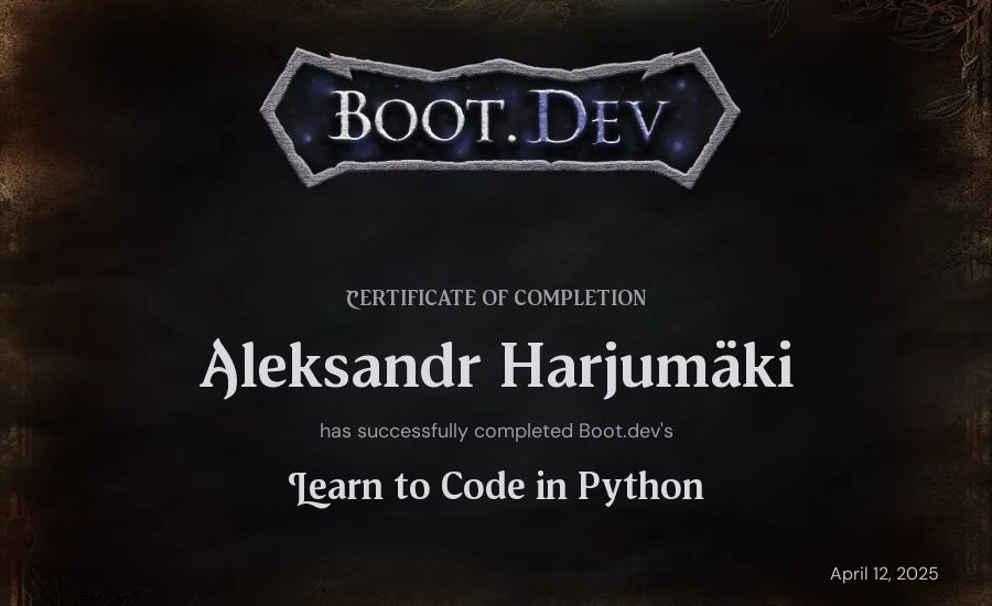 Aleksandr Harjumäki's Boot.dev Introduction to Python Course certificate
