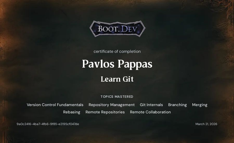 Pavlos Pappas's Boot.dev Learn Git certificate