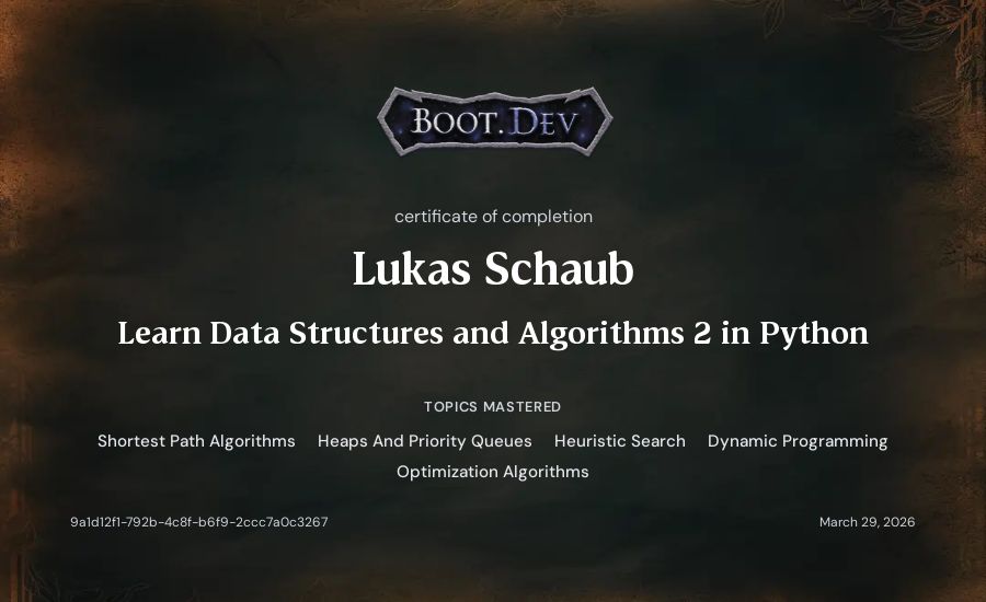 Lukas Schaub's Boot.dev Learn Data Structures and Algorithms 2 in Python certificate