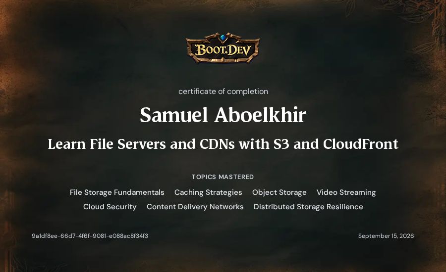 Samuel Aboelkhir's Boot.dev Learn File Servers and CDNs with S3 and CloudFront certificate