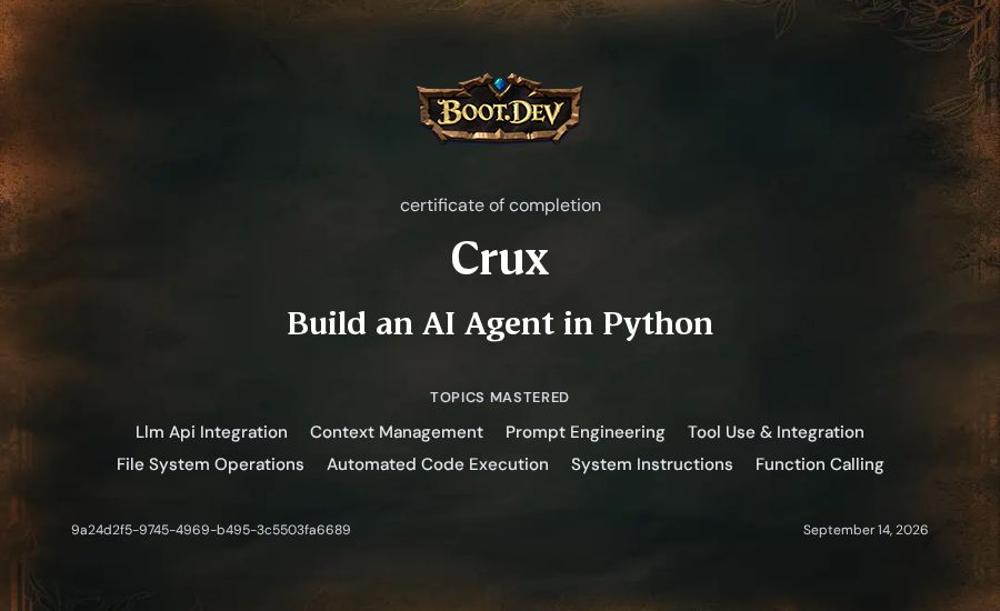Crux's Boot.dev Build an AI Agent in Python certificate