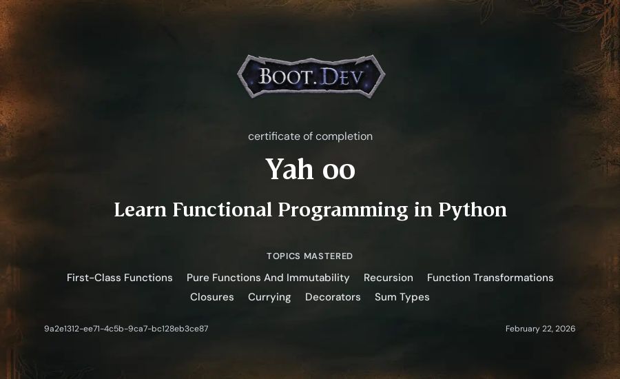 Yah oo's Boot.dev Learn Functional Programming in Python certificate