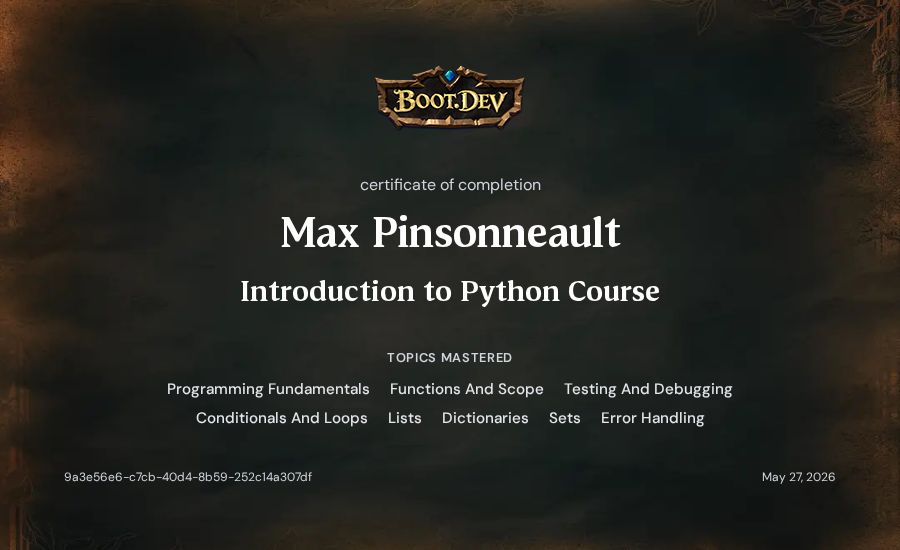 Max Pinsonneault's Boot.dev Introduction to Python Course certificate