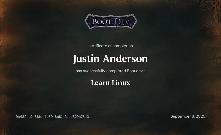 Justin Anderson's Boot.dev Learn Linux certificate