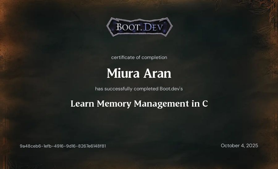 Alan Corleto's Boot.dev Learn Memory Management in C certificate