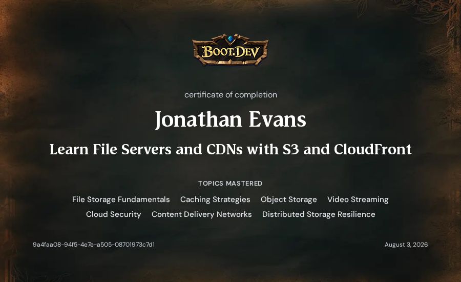 Jonathan Evans's Boot.dev Learn File Servers and CDNs with S3 and CloudFront certificate