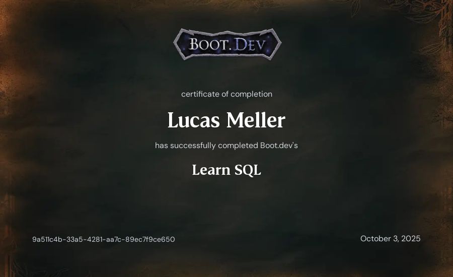 Lucas Meller's Boot.dev Learn SQL certificate