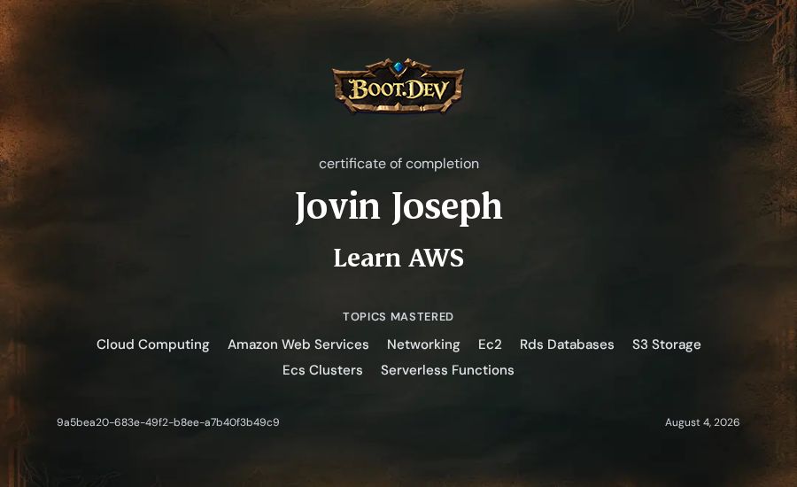 Jovin Joseph's Boot.dev Learn AWS certificate