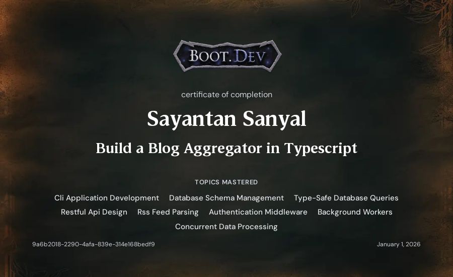 Sayantan Sanyal's Boot.dev Build a Blog Aggregator in TypeScript certificate