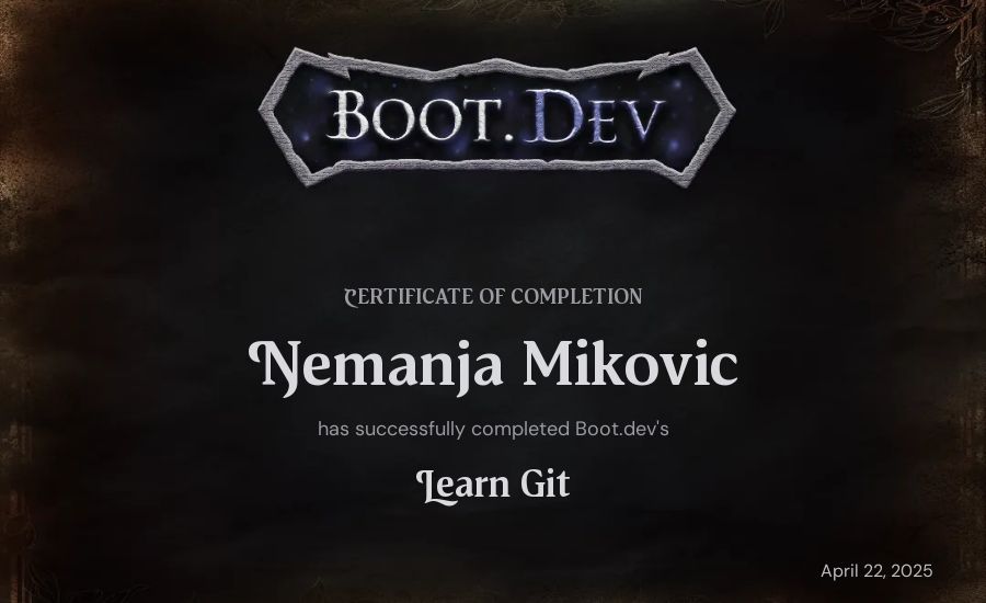 Nemanja Mikovic's Boot.dev Learn Git certificate