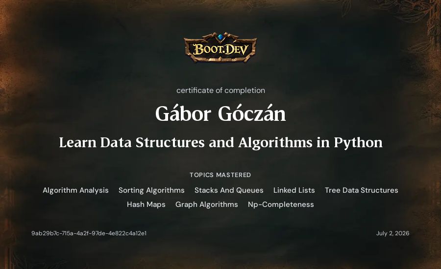 Gábor Góczán's Boot.dev Learn Data Structures and Algorithms in Python certificate