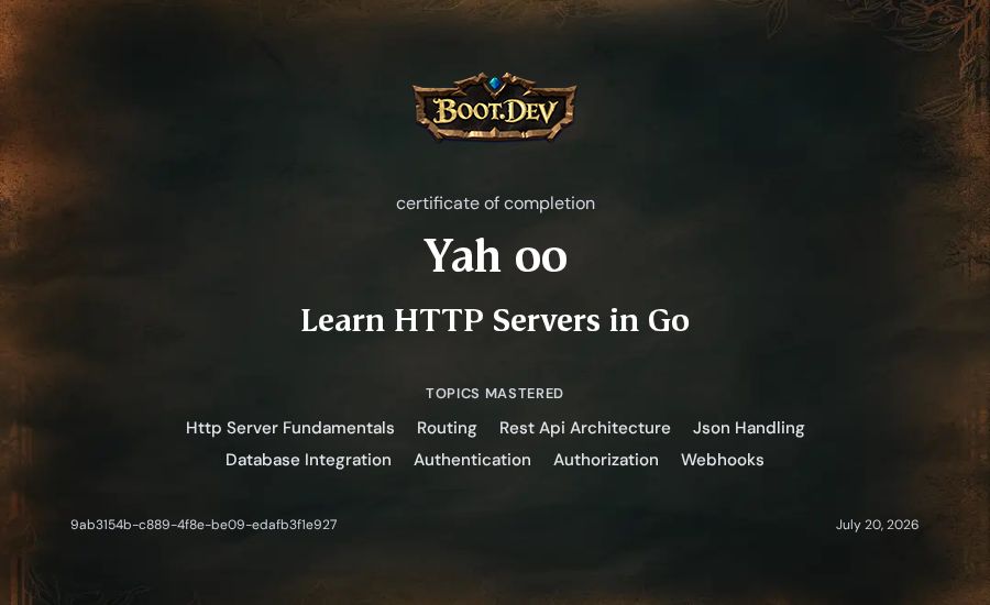 Yah oo's Boot.dev Learn HTTP Servers in Go certificate