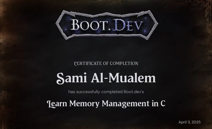 Sami Al-Mualem's Boot.dev Learn Memory Management in C certificate