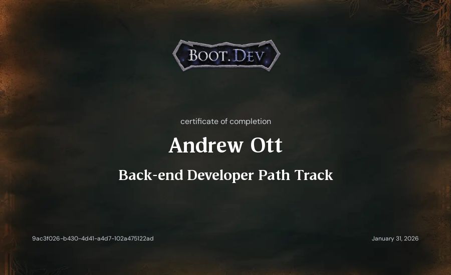 Andrew Ott's Boot.dev Backend Developer Path certificate