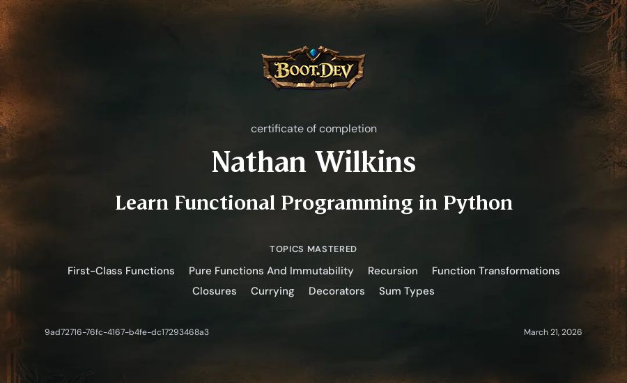 Nathan Wilkins's Boot.dev Learn Functional Programming in Python certificate