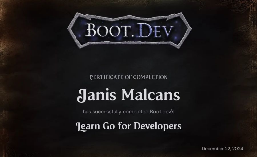 Janis Malcans's Boot.dev Learn Go certificate