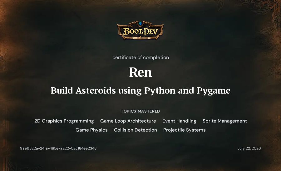 Ren's Boot.dev Build Asteroids using Python and Pygame certificate