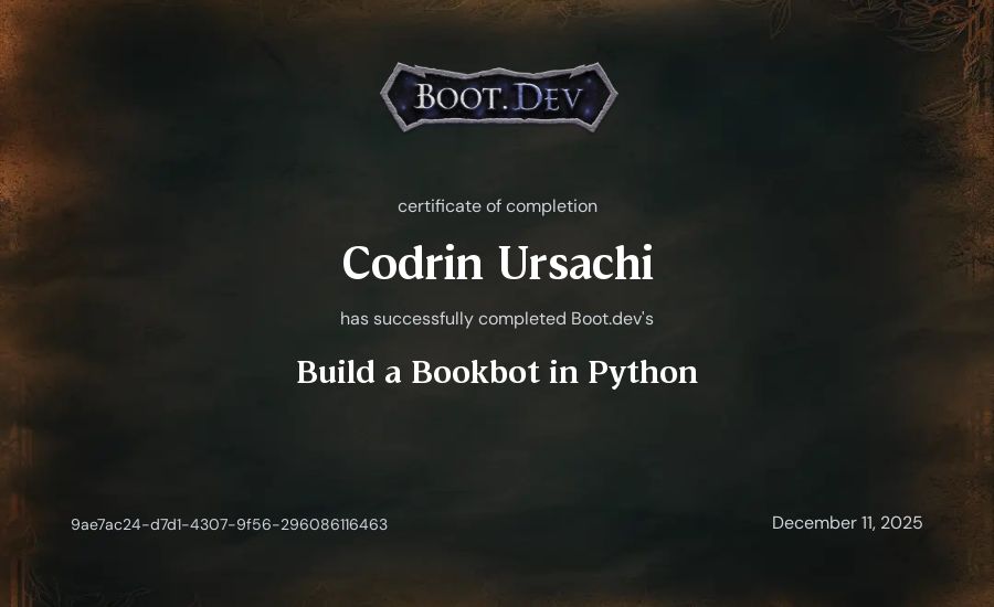 Codrin Ursachi's Boot.dev Build a BookBot in Python certificate