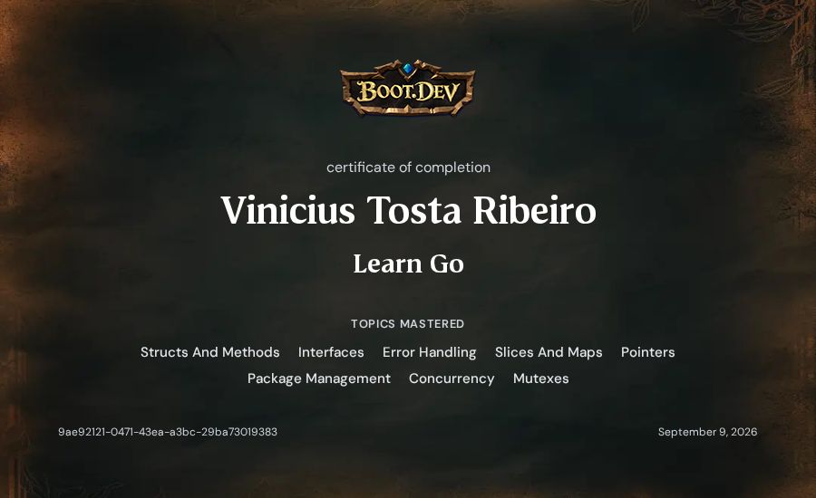 Vinicius Tosta Ribeiro's Boot.dev Learn Go certificate