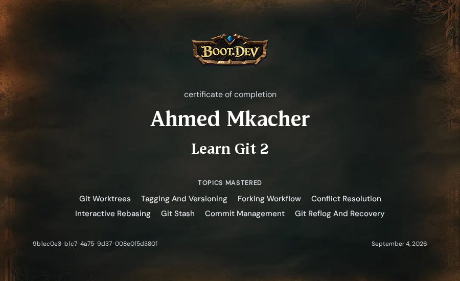 Ahmed Mkacher's Boot.dev Learn Git 2 certificate