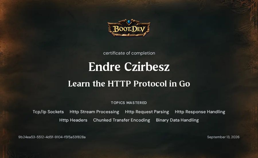 Endre Czirbesz's Boot.dev Learn the HTTP Protocol in Go certificate