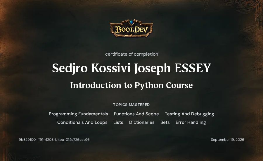 Sedjro Kossivi Joseph ESSEY's Boot.dev Introduction to Python Course certificate