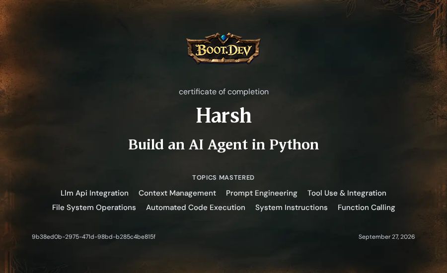 Harsh's Boot.dev Build an AI Agent in Python certificate
