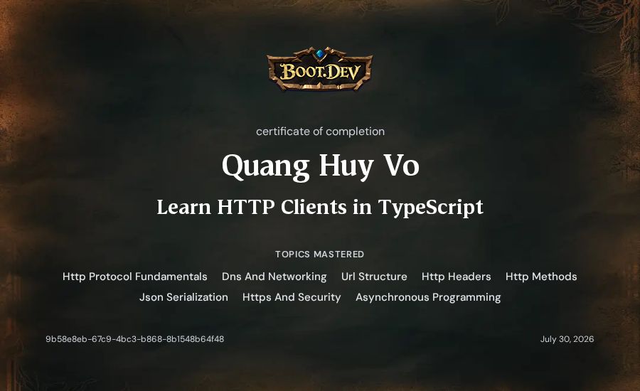 Quang Huy Vo's Boot.dev Learn HTTP Clients in TypeScript certificate