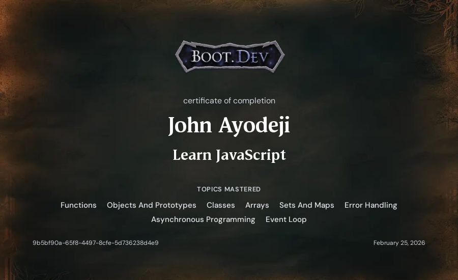 John Ayodeji's Boot.dev Learn JavaScript certificate