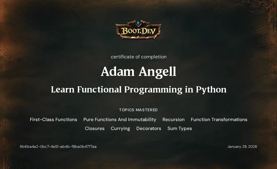 Adam Angell's Boot.dev Learn Functional Programming in Python certificate