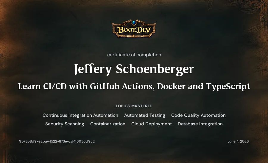 Jeff Schoenberger's Boot.dev Learn CI/CD with GitHub Actions, Docker and TypeScript certificate