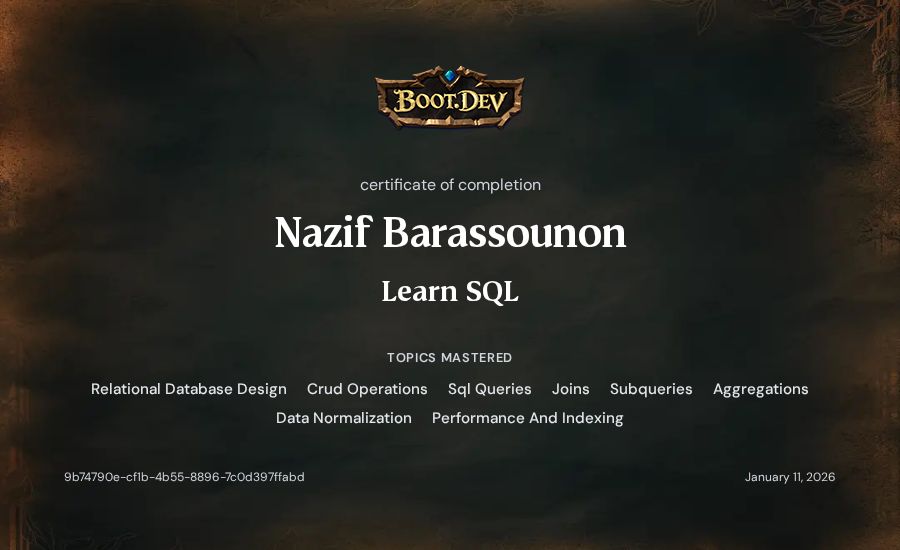 Nazif Barassounon's Boot.dev Learn SQL certificate