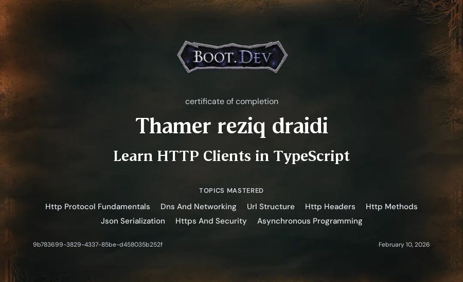 Thamer reziq draidi's Boot.dev Learn HTTP Clients in TypeScript certificate