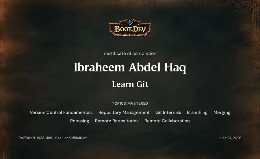 Ibraheem Abdel Haq's Boot.dev Learn Git certificate