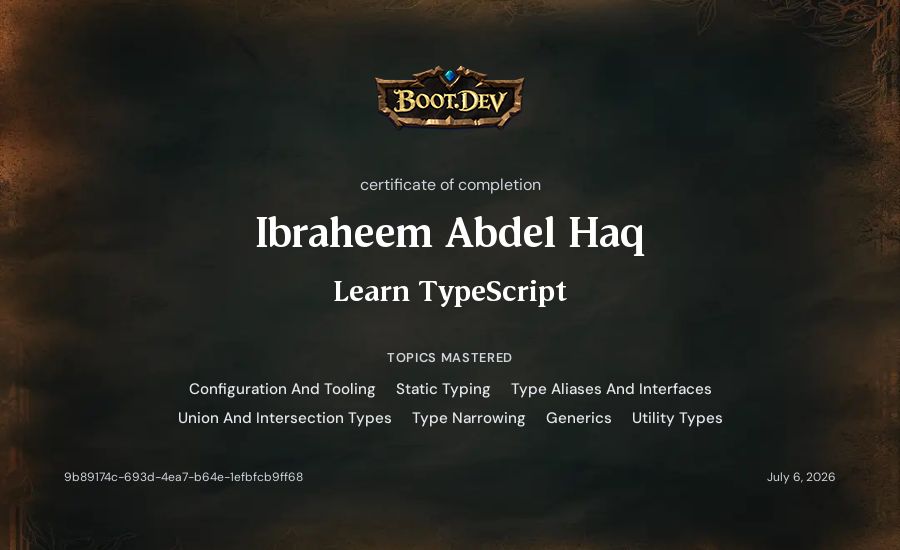 Ibraheem Abdel Haq's Boot.dev Learn TypeScript certificate