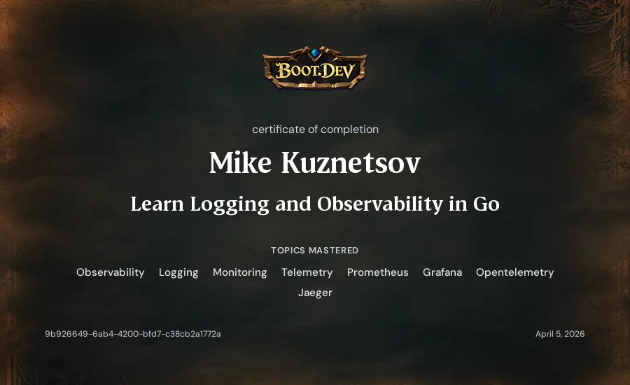 Mike Kuznetsov's Boot.dev Learn Logging and Observability in Go certificate