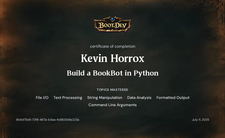 Kevin Horrox's Boot.dev Build a BookBot in Python certificate