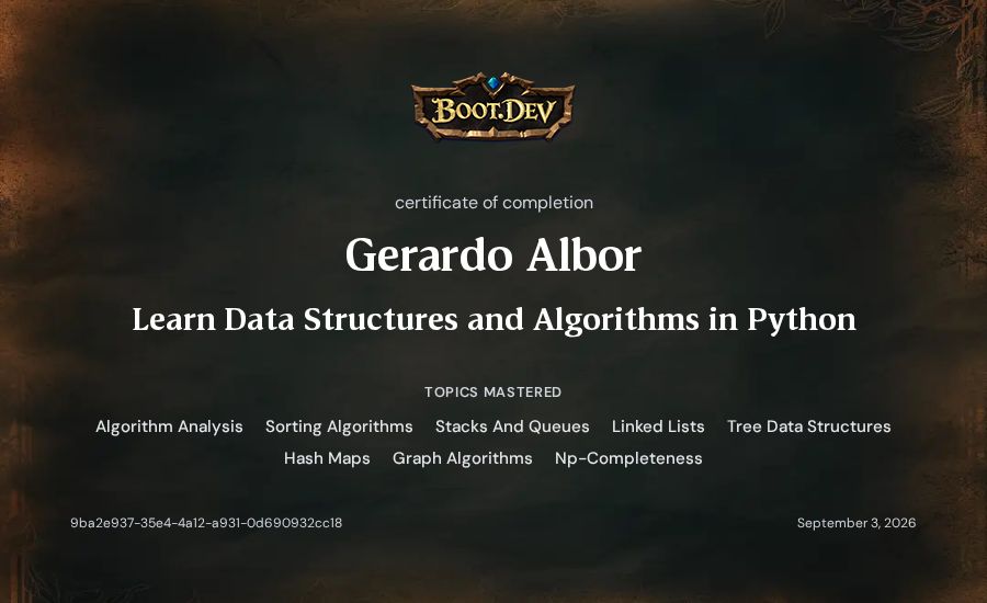 Gerardo Albor's Boot.dev Learn Data Structures and Algorithms in Python certificate